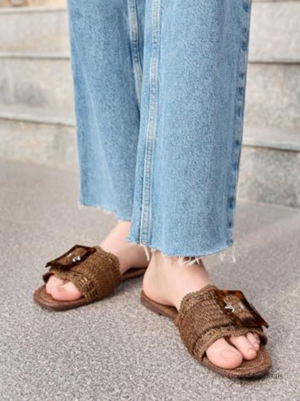 Woven Raffia Flat Sandals with Buckle - Square Open Toe Slide - Picture 2 of 7